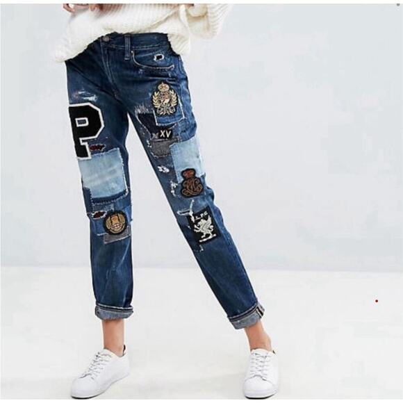 Ralph Lauren Astor Slim Boyfriend Jeans 26 Denim Distressed Patchwork Dungarees - Picture 2 of 8